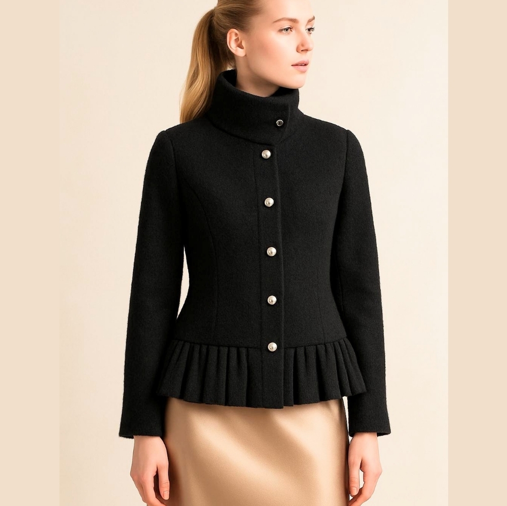 Wool Jacket JOSEPH A. Black Textured Wool Feminine Pleats Sz  S EUC